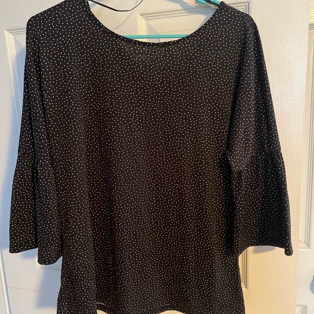 Black with white small polka dot medium blouse. Flare 3/4 length sleeves